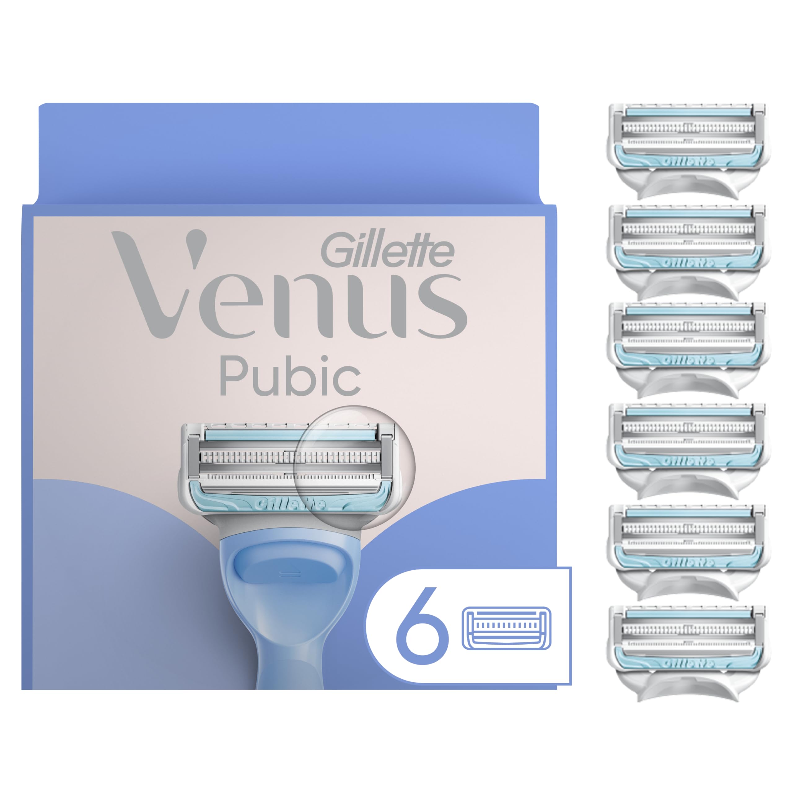 Gillette Venus front packaging showing six refill blades and benefits