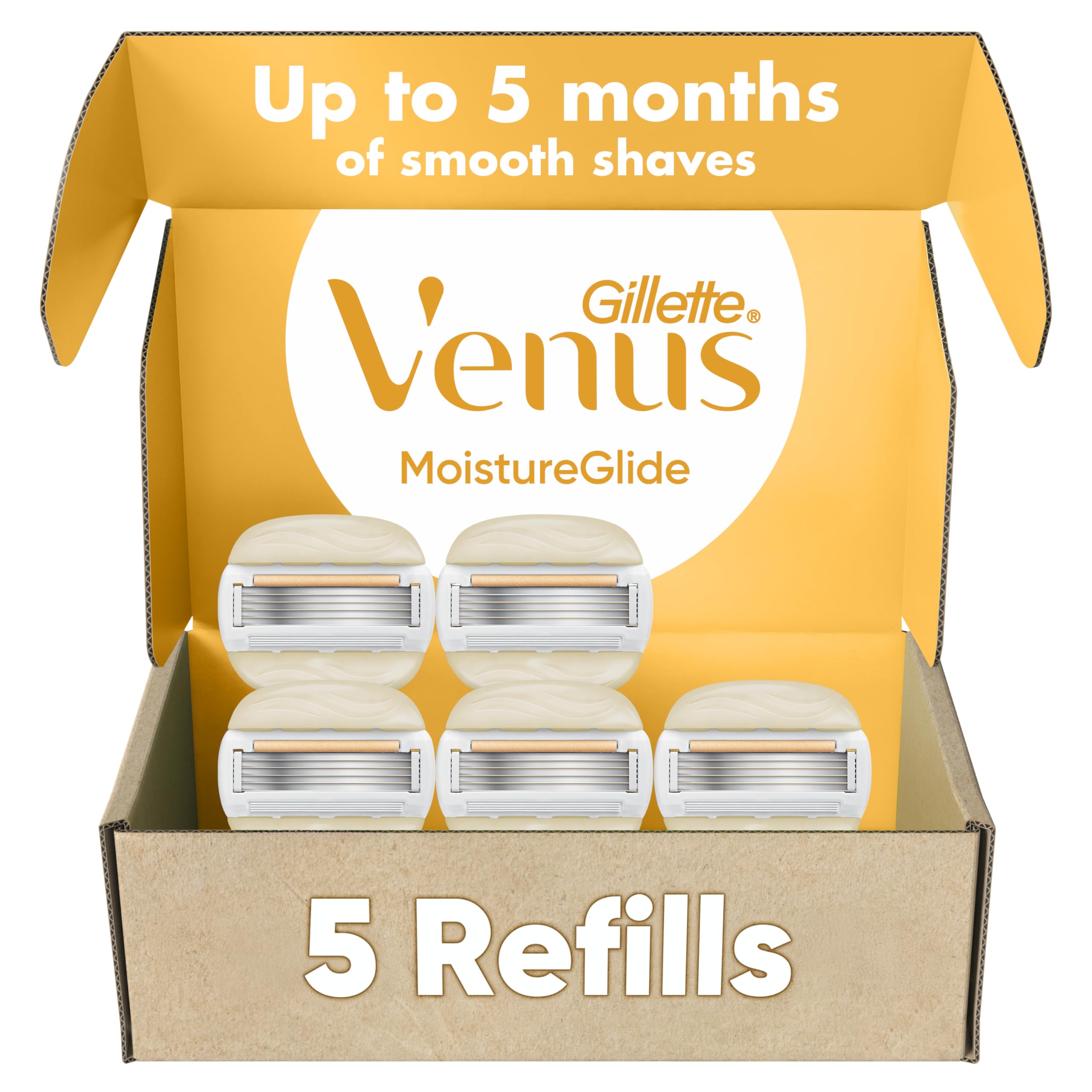 Gillette Venus front packaging showing five refill cartridges and benefits