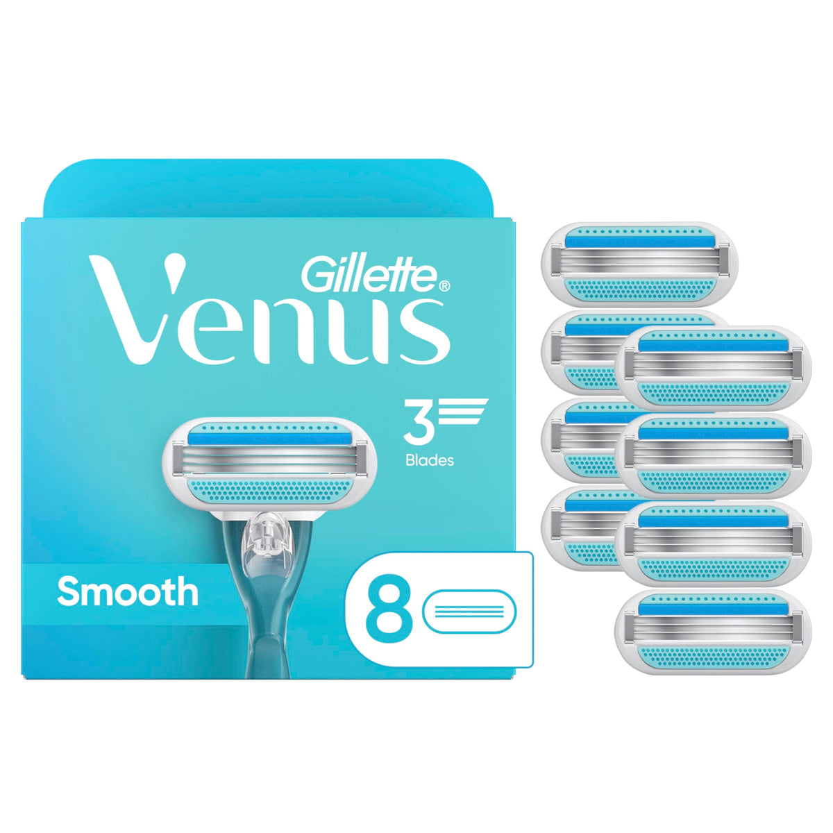 Gillette Venus front packaging showing eight refills for easy restocking