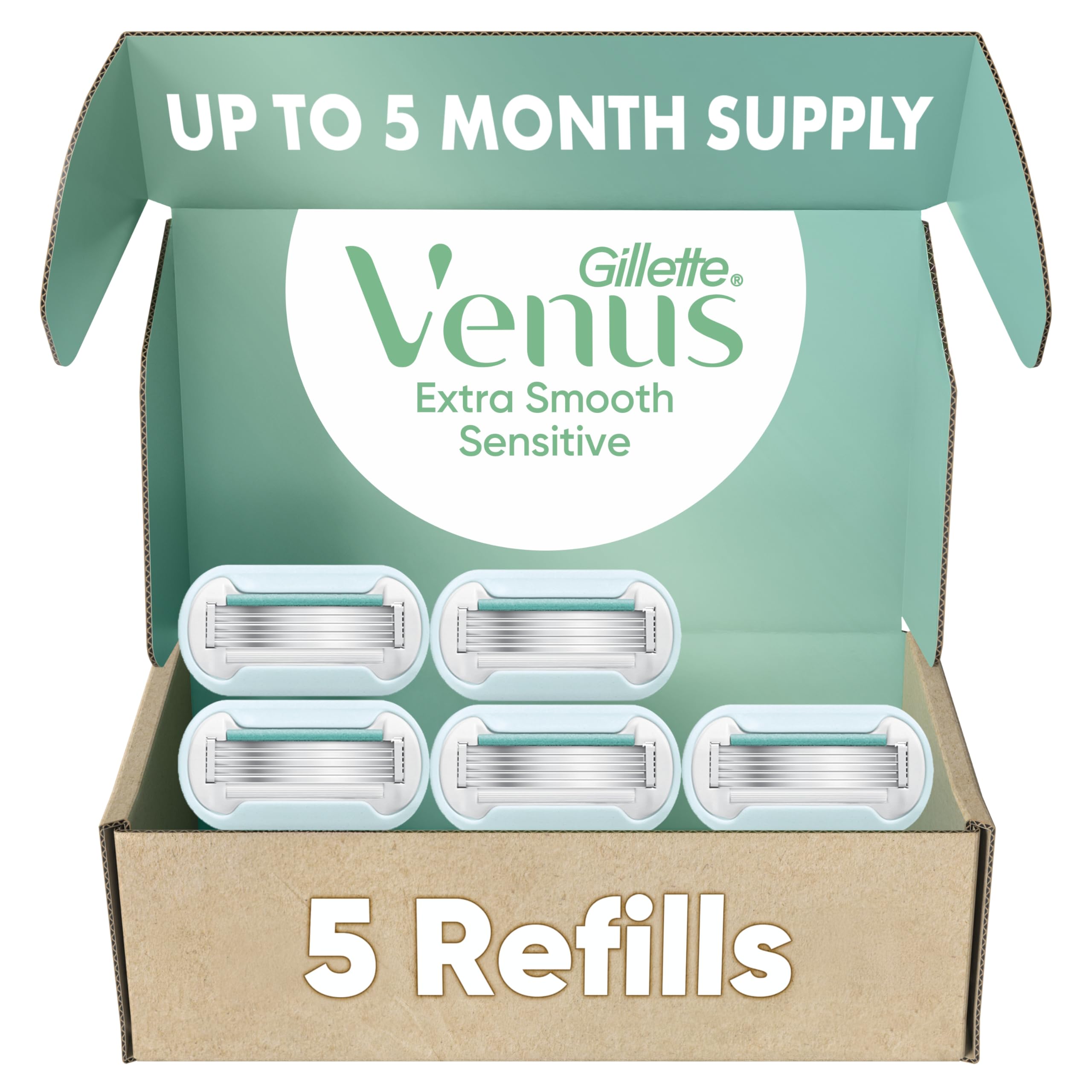 Gillette Venus front packaging showing five refills and clear product benefit