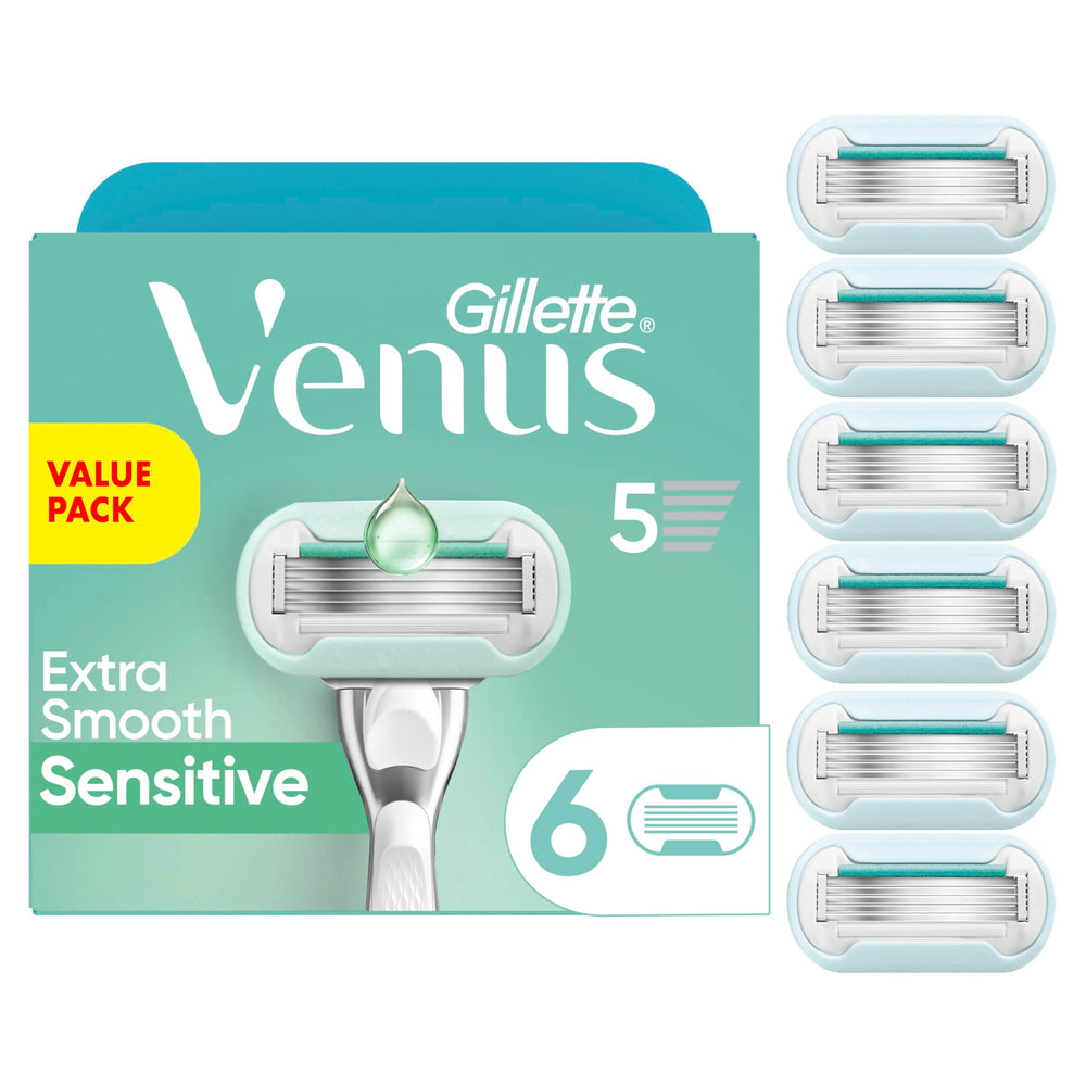 Gillette Venus front packaging showing six cartridges and easy replacement benefit