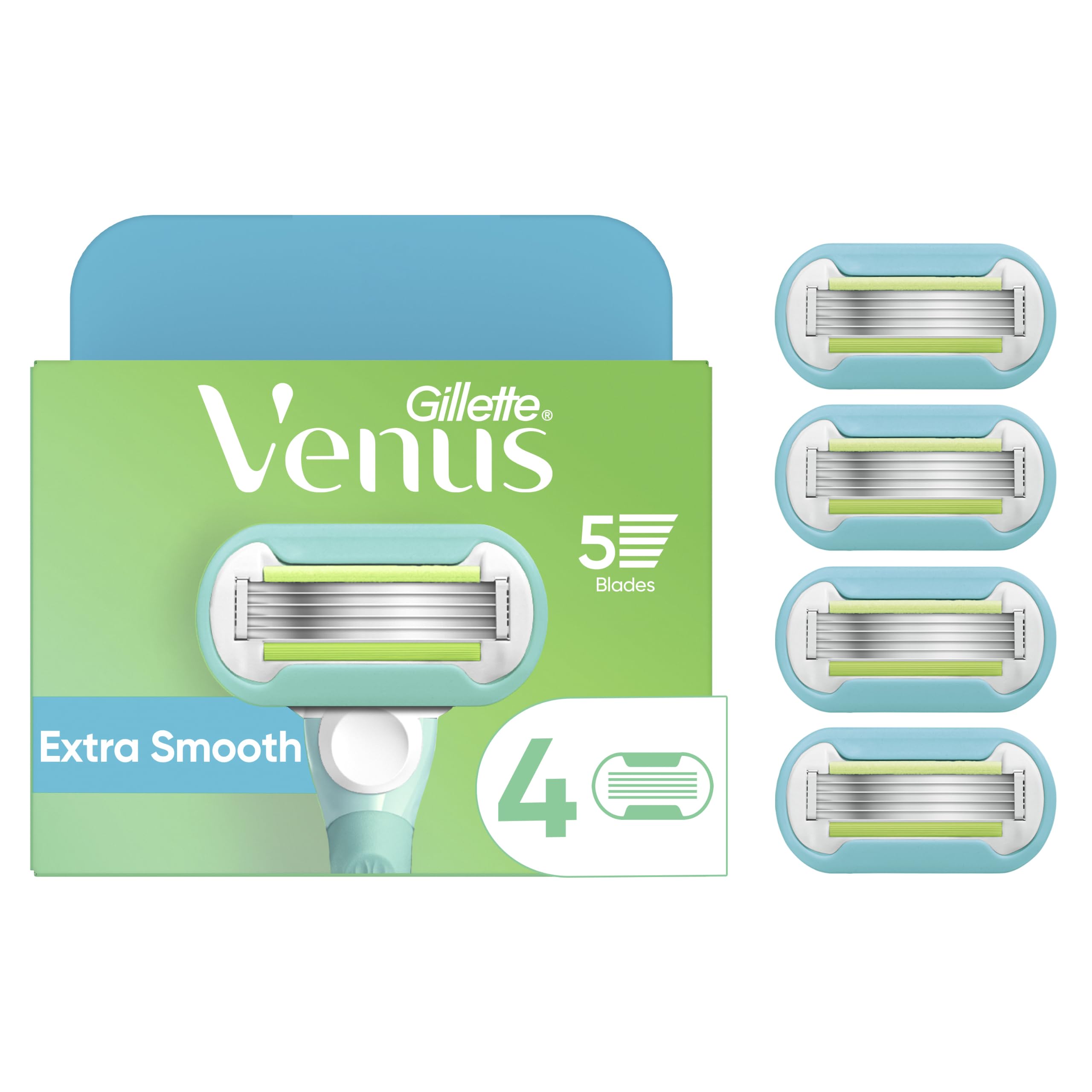 Gillette Venus front packaging showing four refill cartridges and clear branding benefit: easy refill
