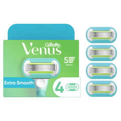Gillette Venus front packaging showing four refill cartridges and clear branding benefit: easy refill