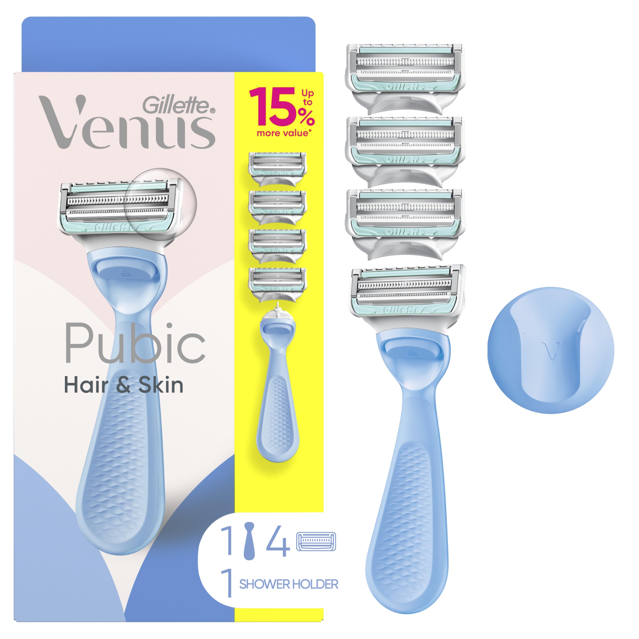 Gillette Venus front packaging showing razor handle and four refills for gentle shaving