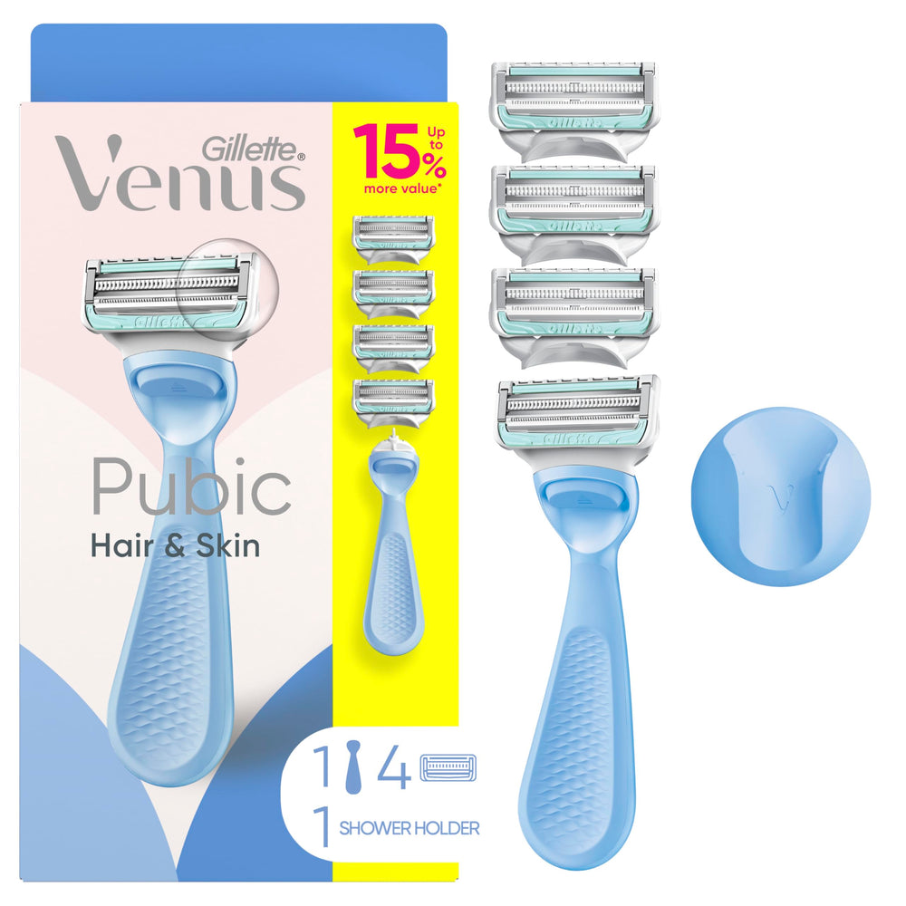 Gillette Venus front packaging showing razor handle and four refills for gentle shaving