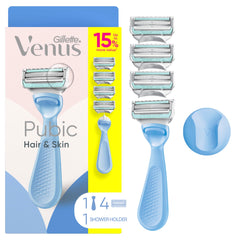 Gillette Venus front packaging showing razor handle and four refills for gentle shaving