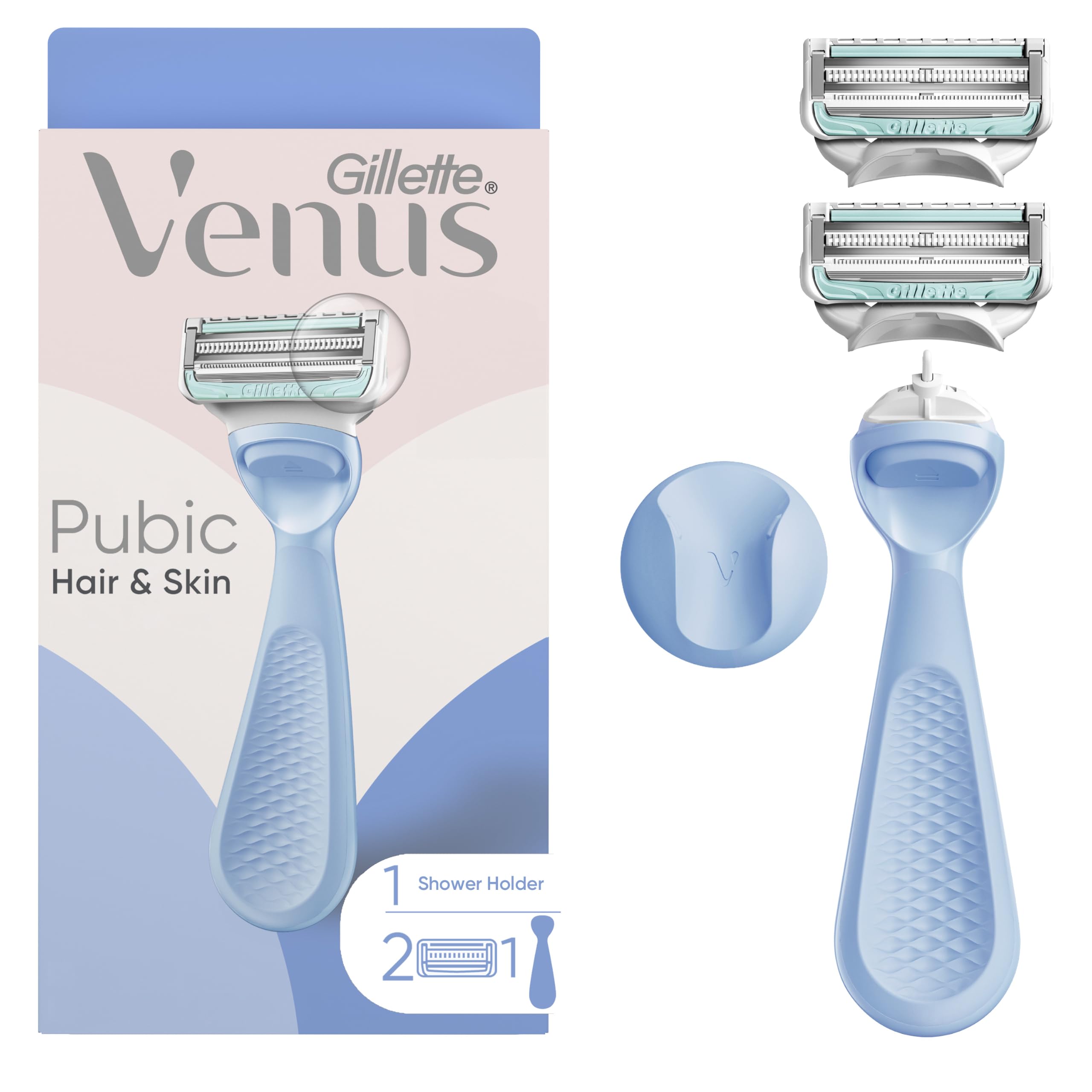 Gillette Venus front product view showing handle and two refills for precise grooming
