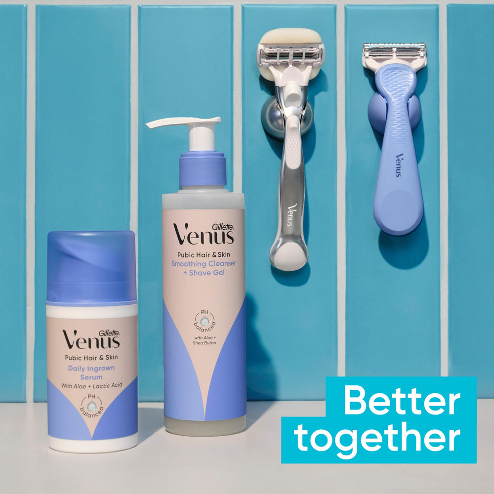 Woman using Gillette Venus razor in shower for comfortable bikini-area grooming