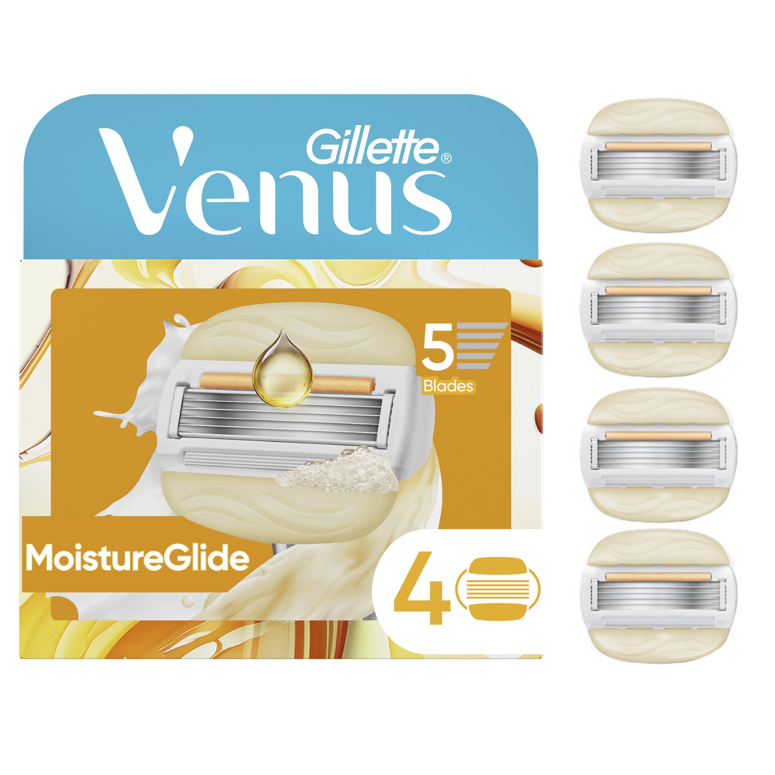 Gillette Venus front packaging showing four MoistureGlide refills and benefits