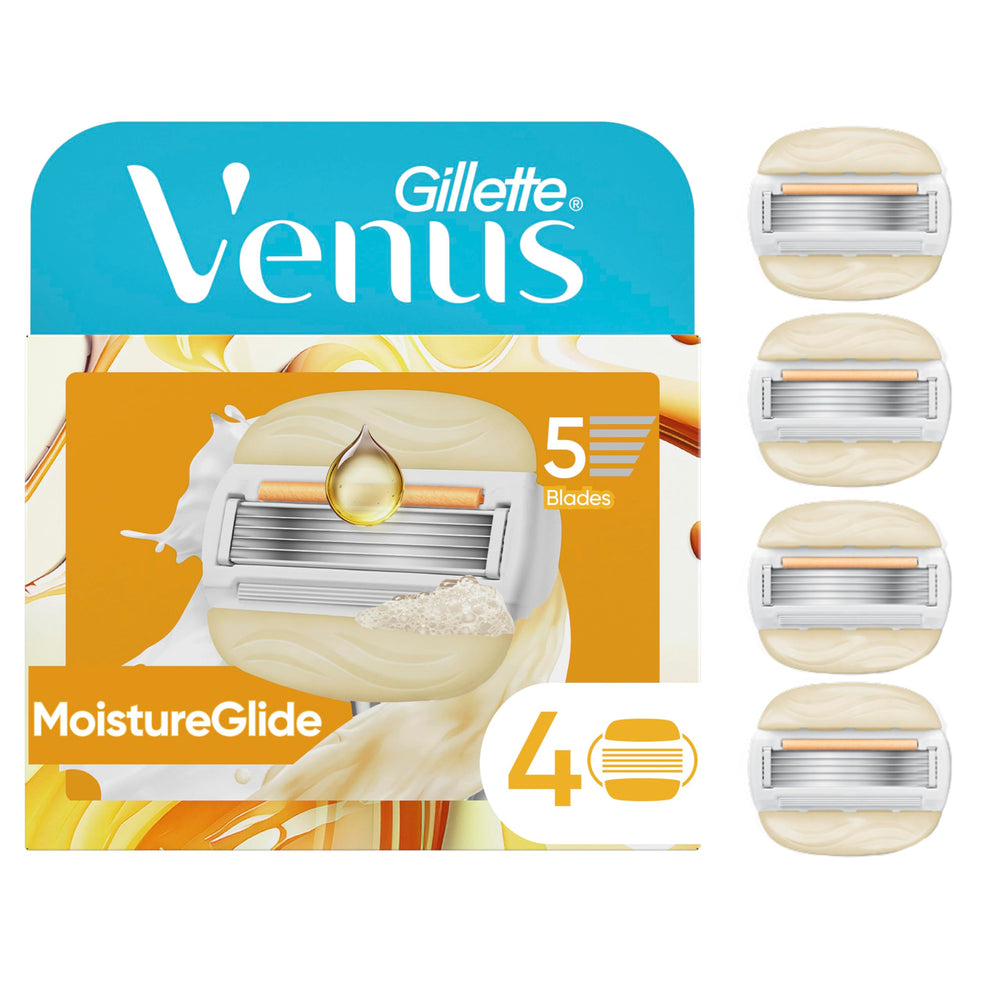 Gillette Venus front packaging showing four MoistureGlide refills and benefits