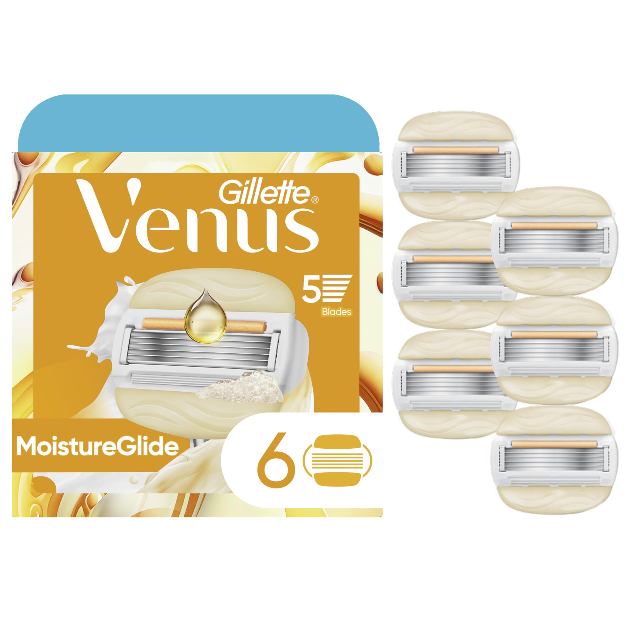Gillette Venus front packaging showing six MoistureGlide refills and benefits
