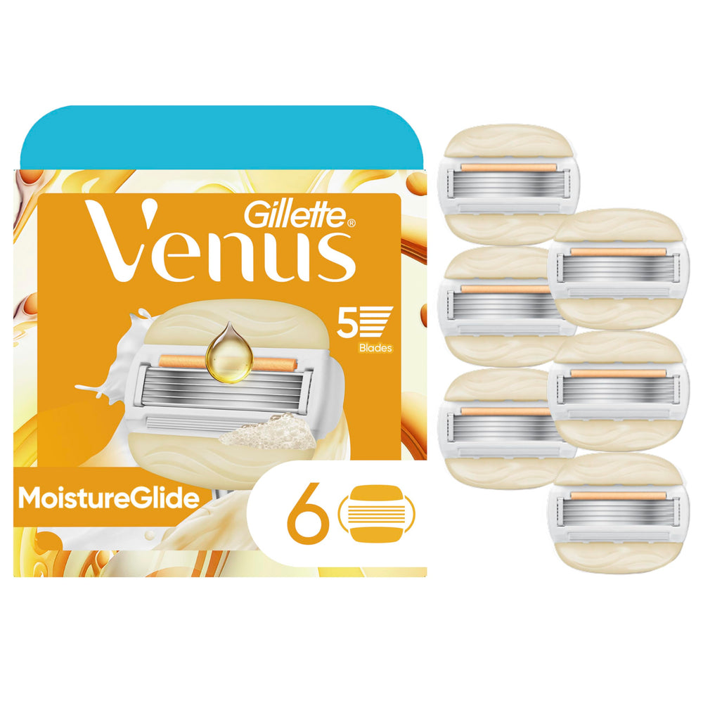 Gillette Venus front packaging showing six MoistureGlide refills and benefits