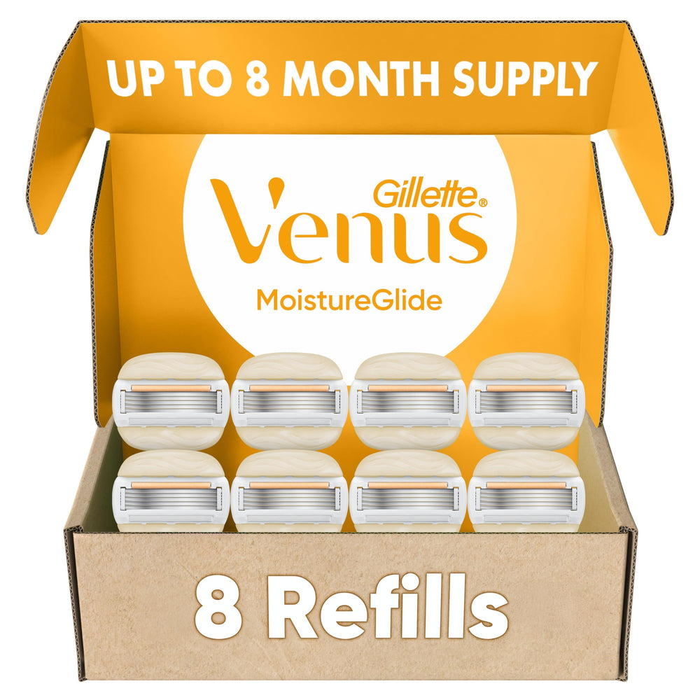 Gillette Venus front packaging showing eight refill cartridges and clear branding for convenience