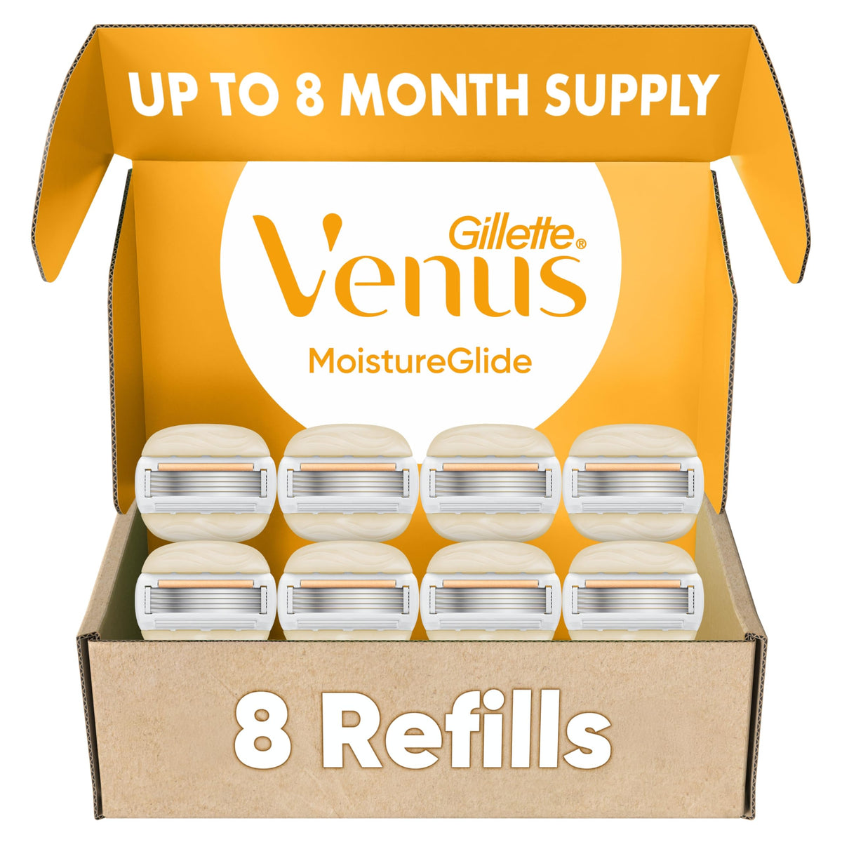 Gillette Venus front packaging showing eight refill cartridges and clear branding for convenience
