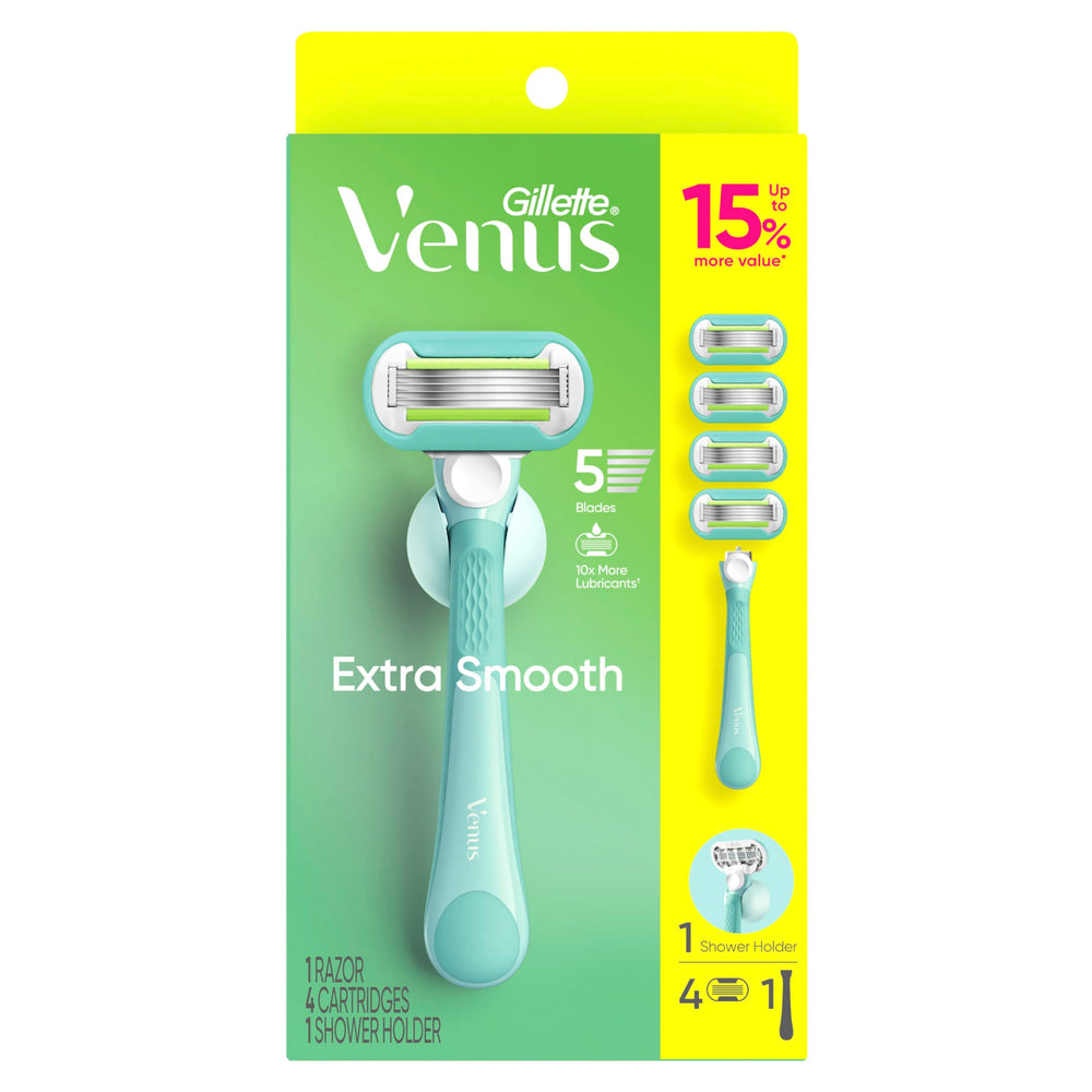 Gillette Venus open pack showing reusable handle and four refill cartridges