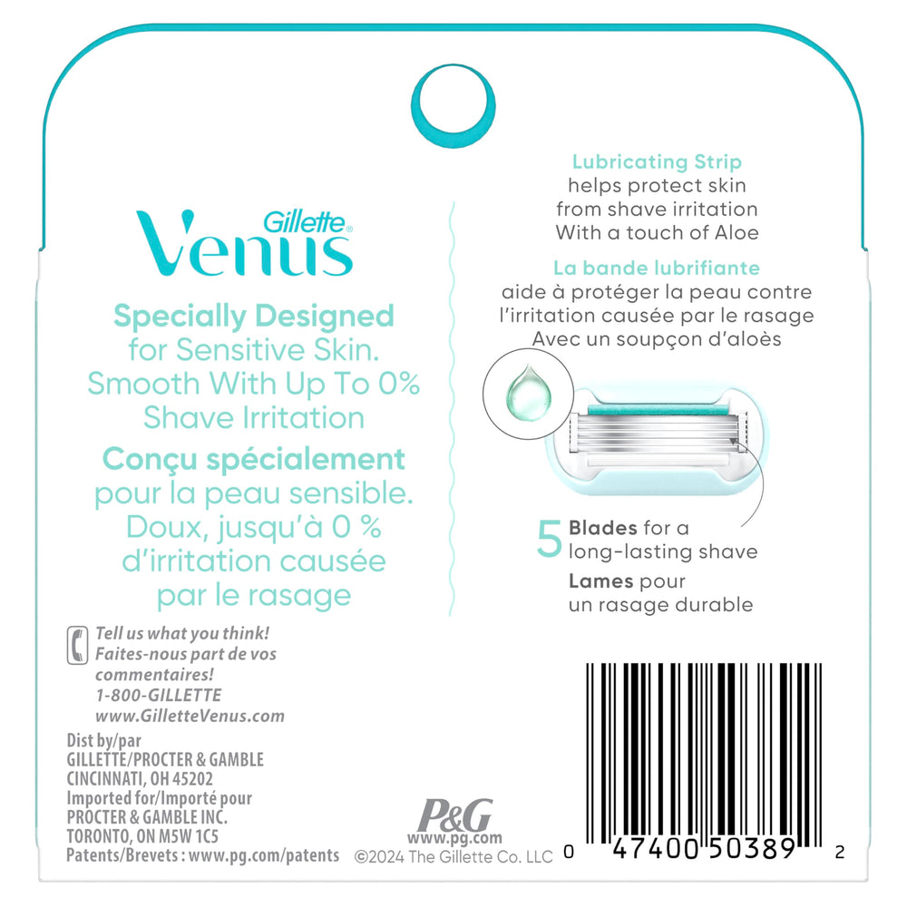 Gillette Venus packaging label close-up showing features and compatibility
