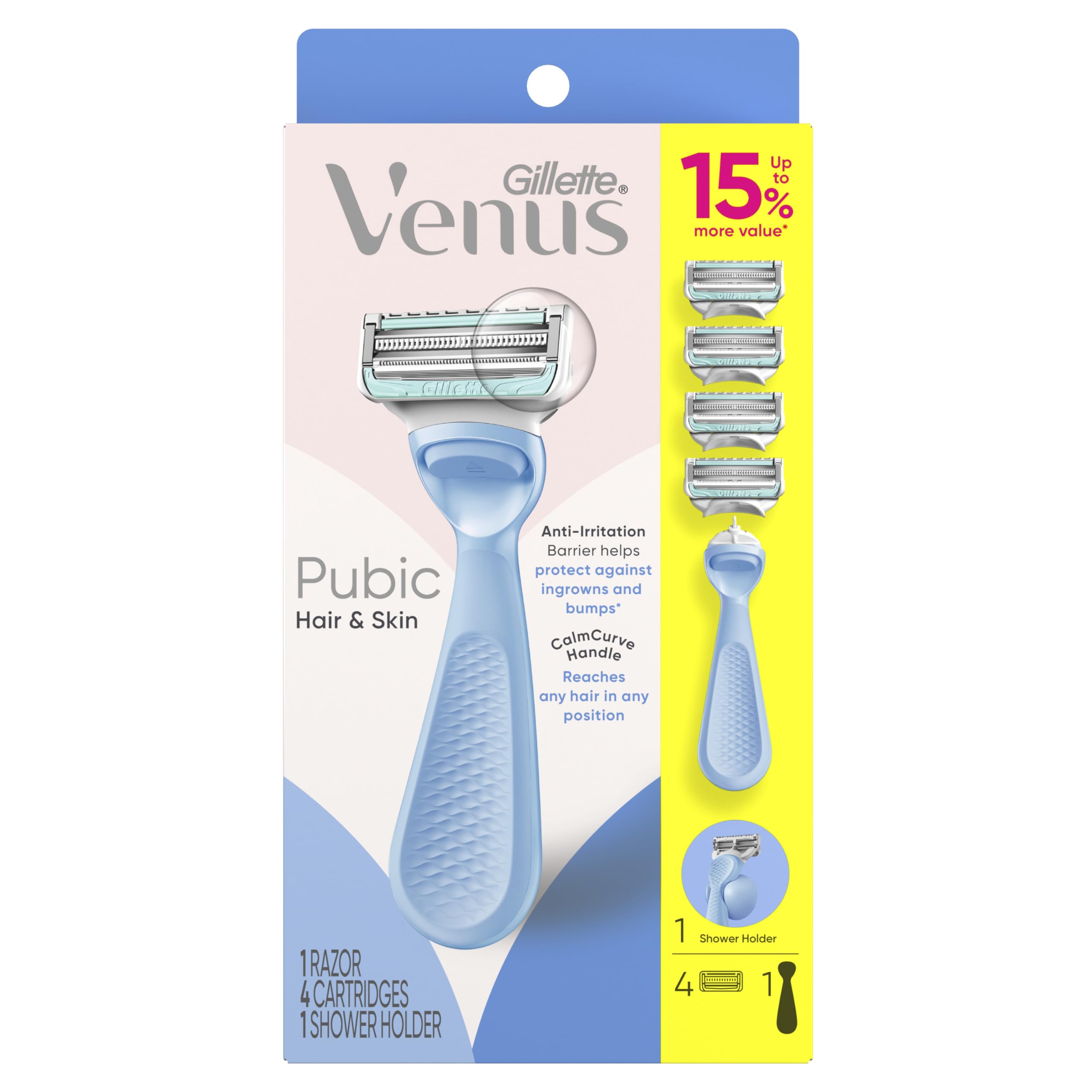 Four Gillette Venus refills lined up to show included replacement cartridges