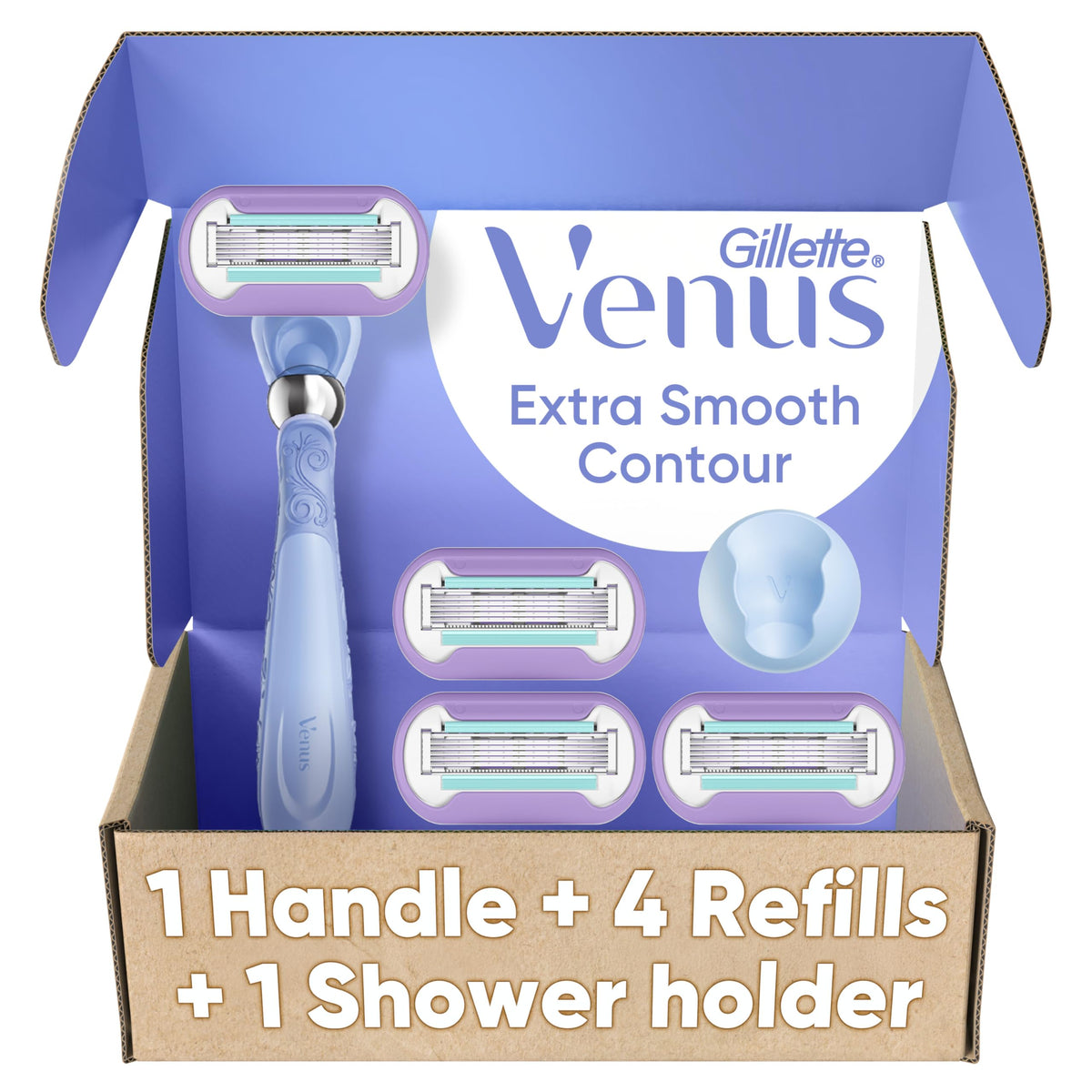 Gillette Venus front view showing handle and four refills, delivering close smooth shave