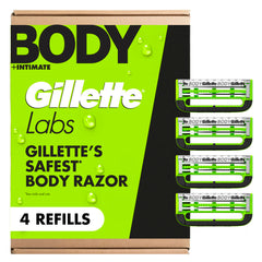 GilletteLabs front packaging showing four refill cartridges and clear benefit