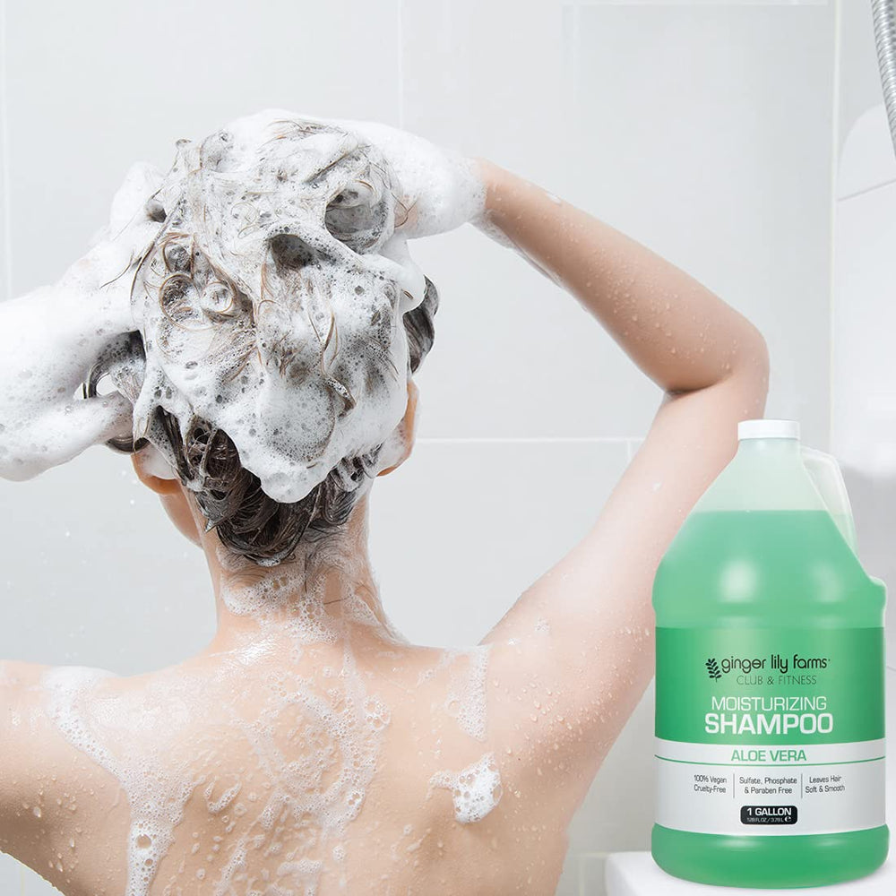 Ginger Lily Farms shampoo in shower scene conveying refreshing cleanse