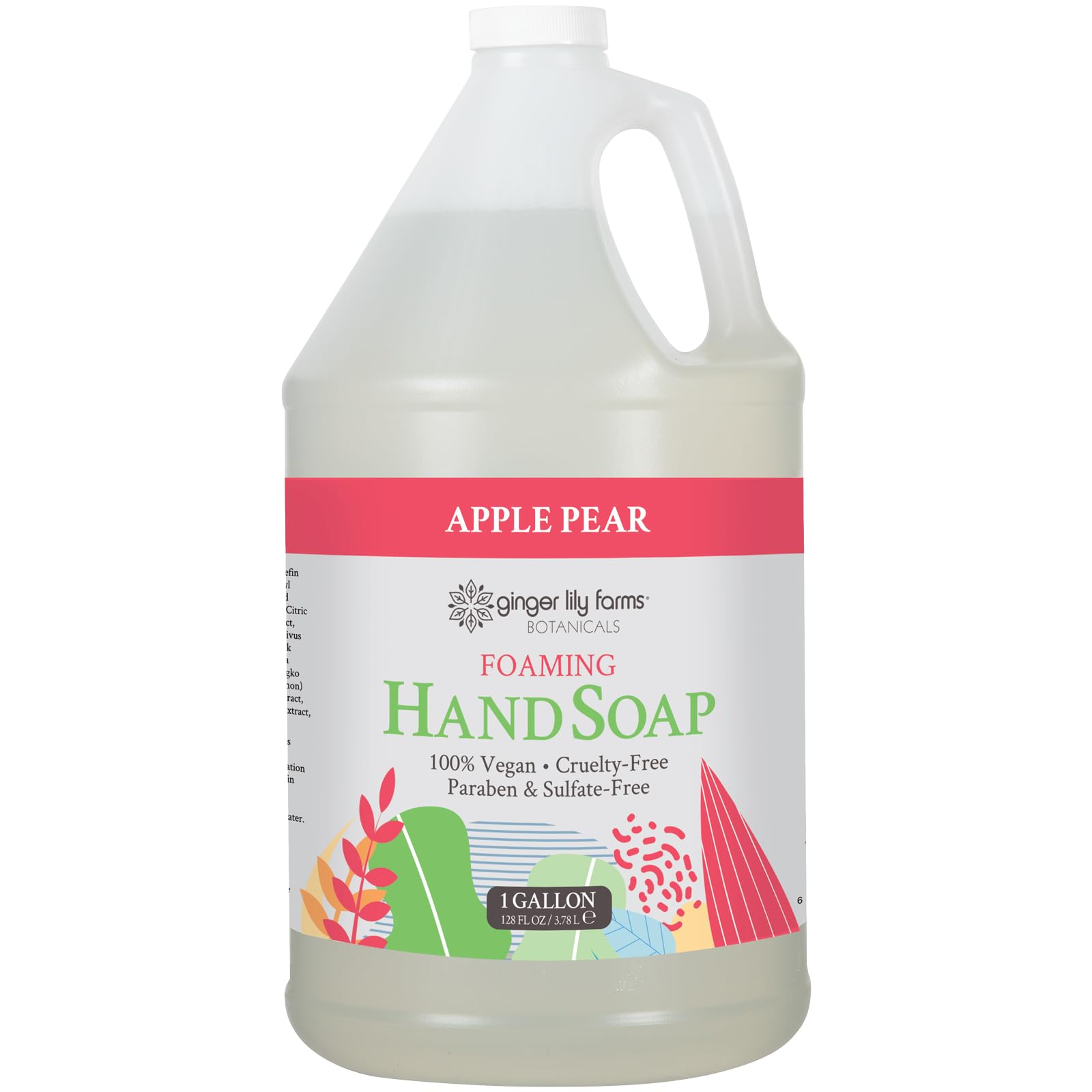 Ginger Lily Farms apple pear gallon front label shows product identity and eco benefits