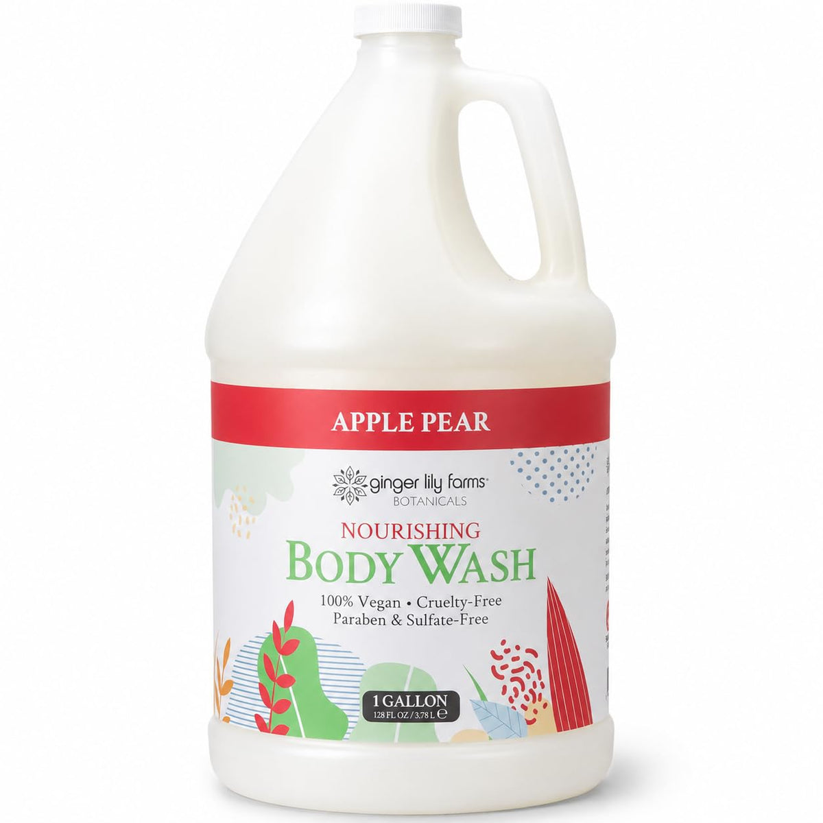 Ginger Lily Farms gallon front view showing apple pear refill with clear labeling and practical packaging