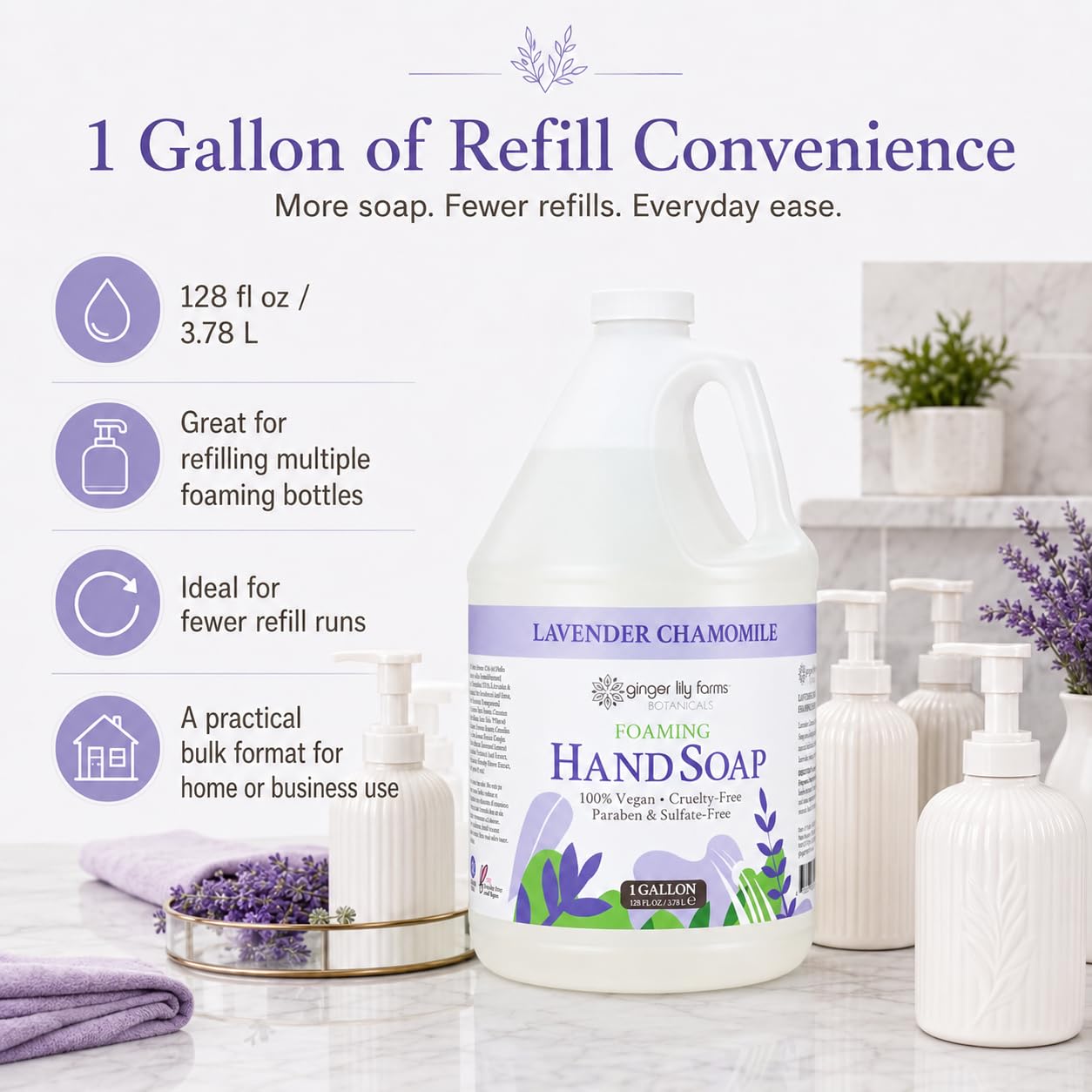 Ginger Lily Farms bottle with recycle icon emphasizing reduced plastic waste benefit