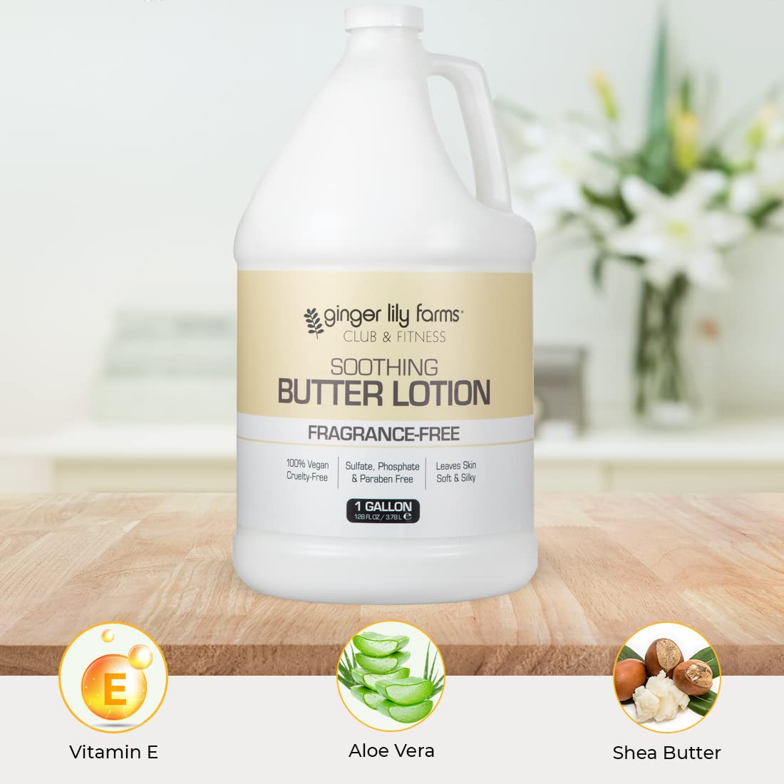 Ginger Lily Farms gallon bottle in a locker room demonstrating commercial use