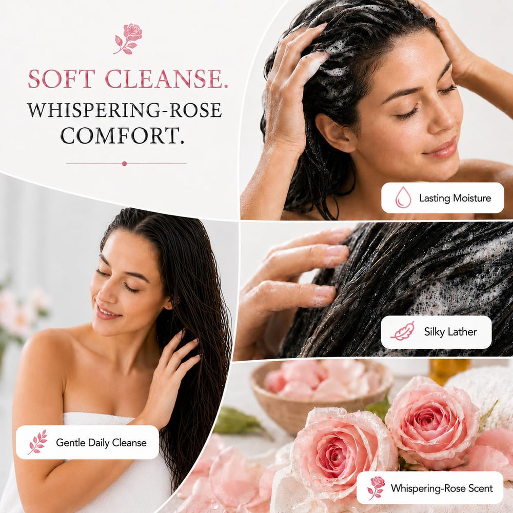 Ginger Lily Farms bottle beside rose fruit and leaves conveying scent profile