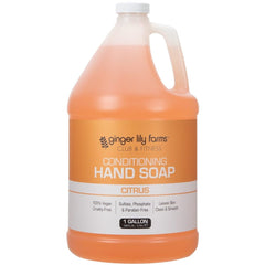 Ginger Lily Farms cosmetic gallon front view showing citrus label and large refill benefit