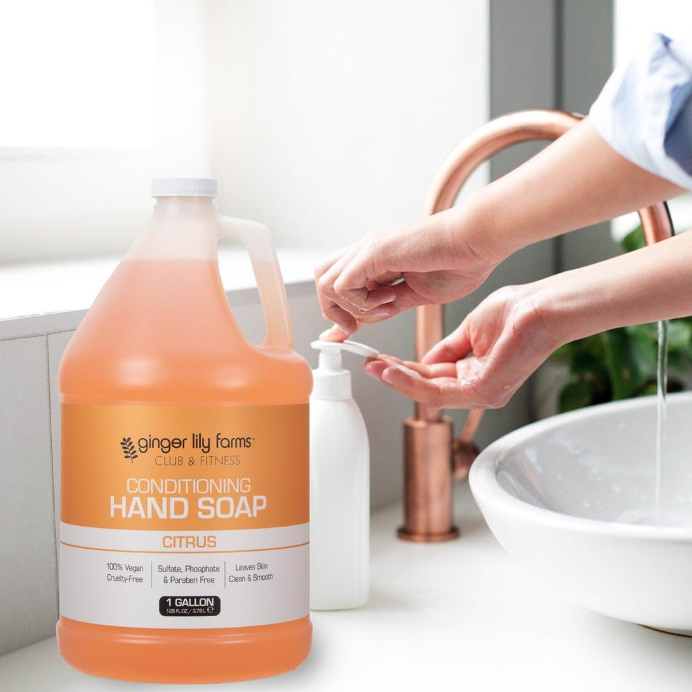 Ginger Lily Farms hand soap on gym vanity illustrating fresh scent benefit