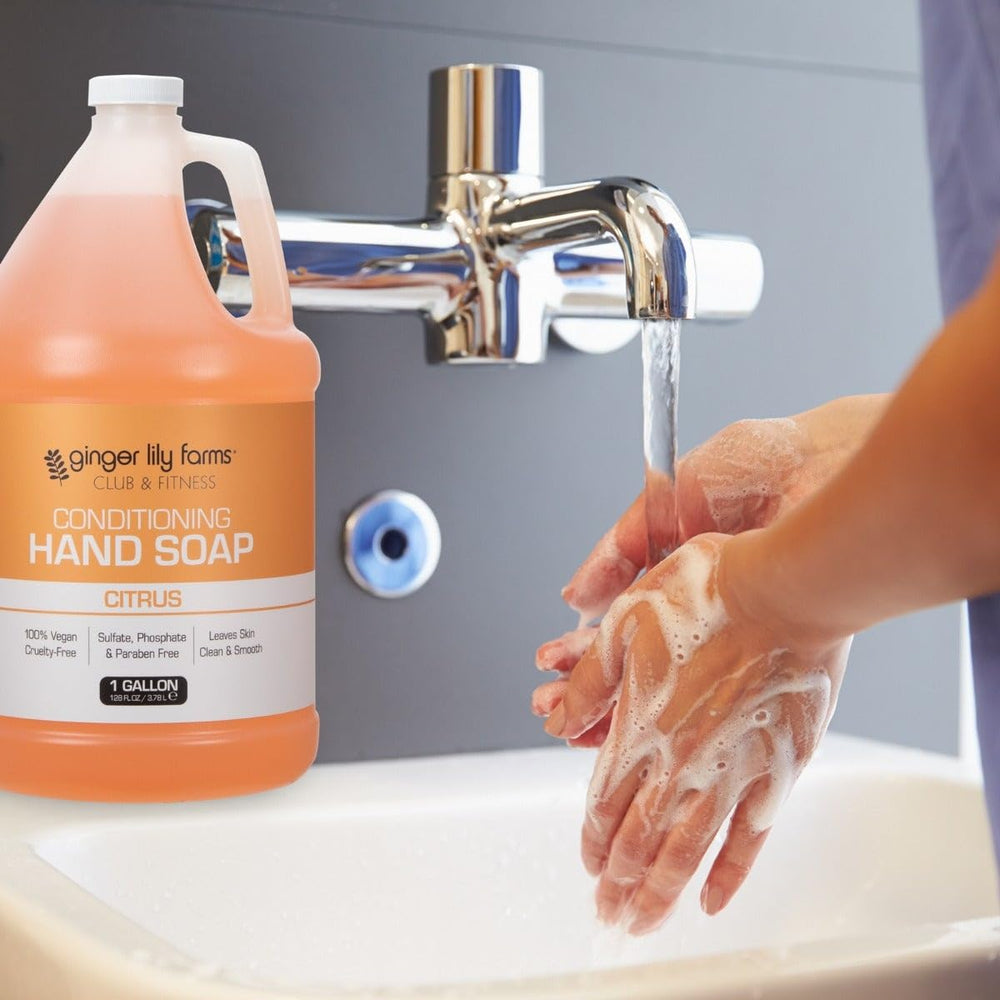 Ginger Lily Farms gallon next to soap dispenser for scale and economical benefit