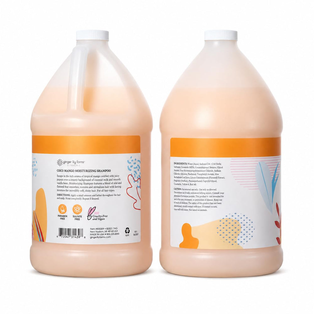 Ginger Lily Farms shampoo pouring from spout into dispenser for economical refill
