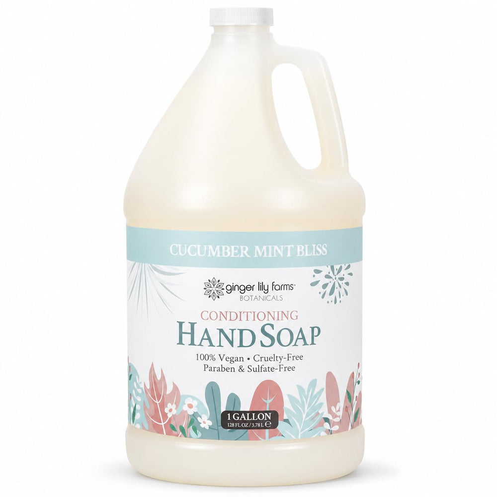 Ginger Lily Farms gallon front view showing full label and scent benefit