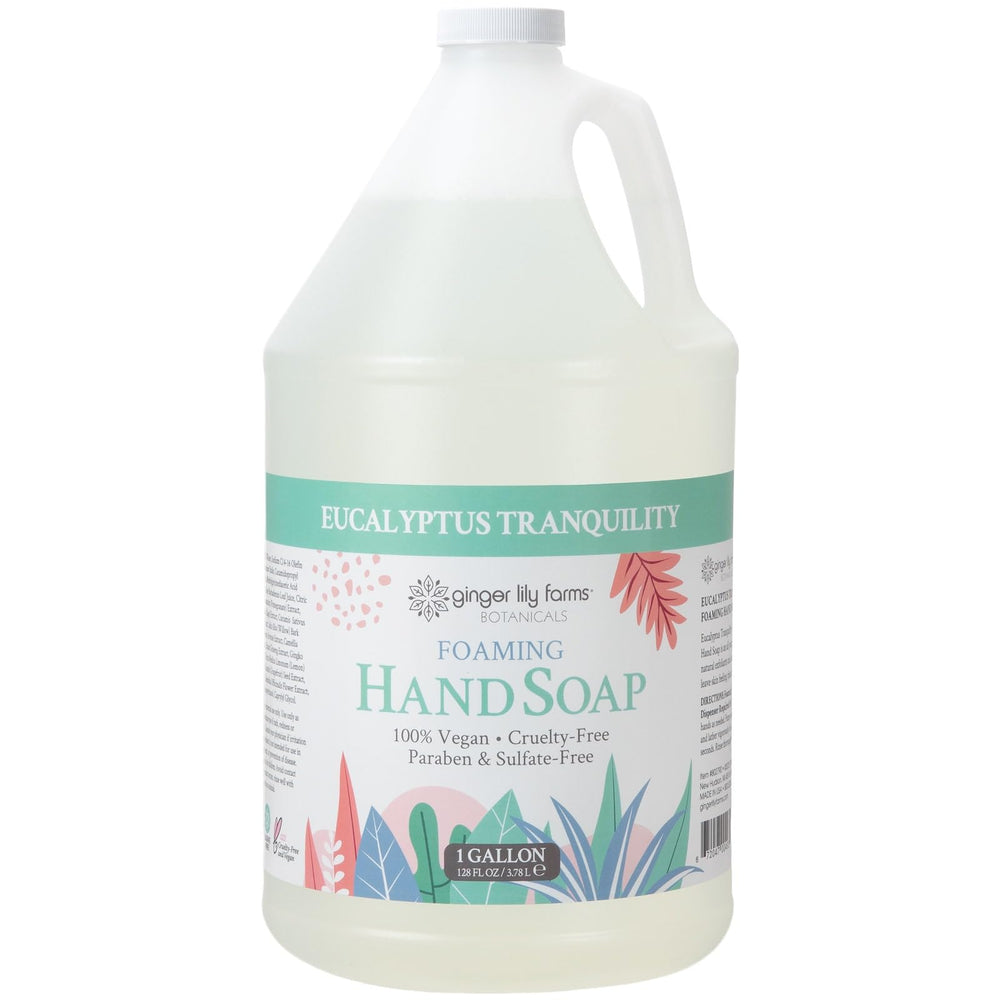 Ginger Lily Farms front label on 128oz eucalyptus gallon showing scent and benefits