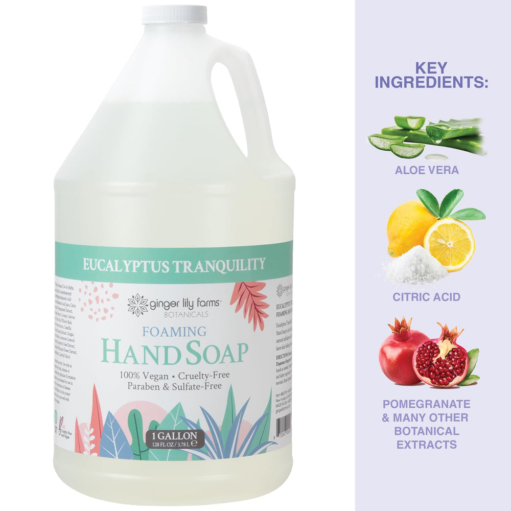 Ginger Lily Farms gallon beside standard dispenser to show scale and economical refill