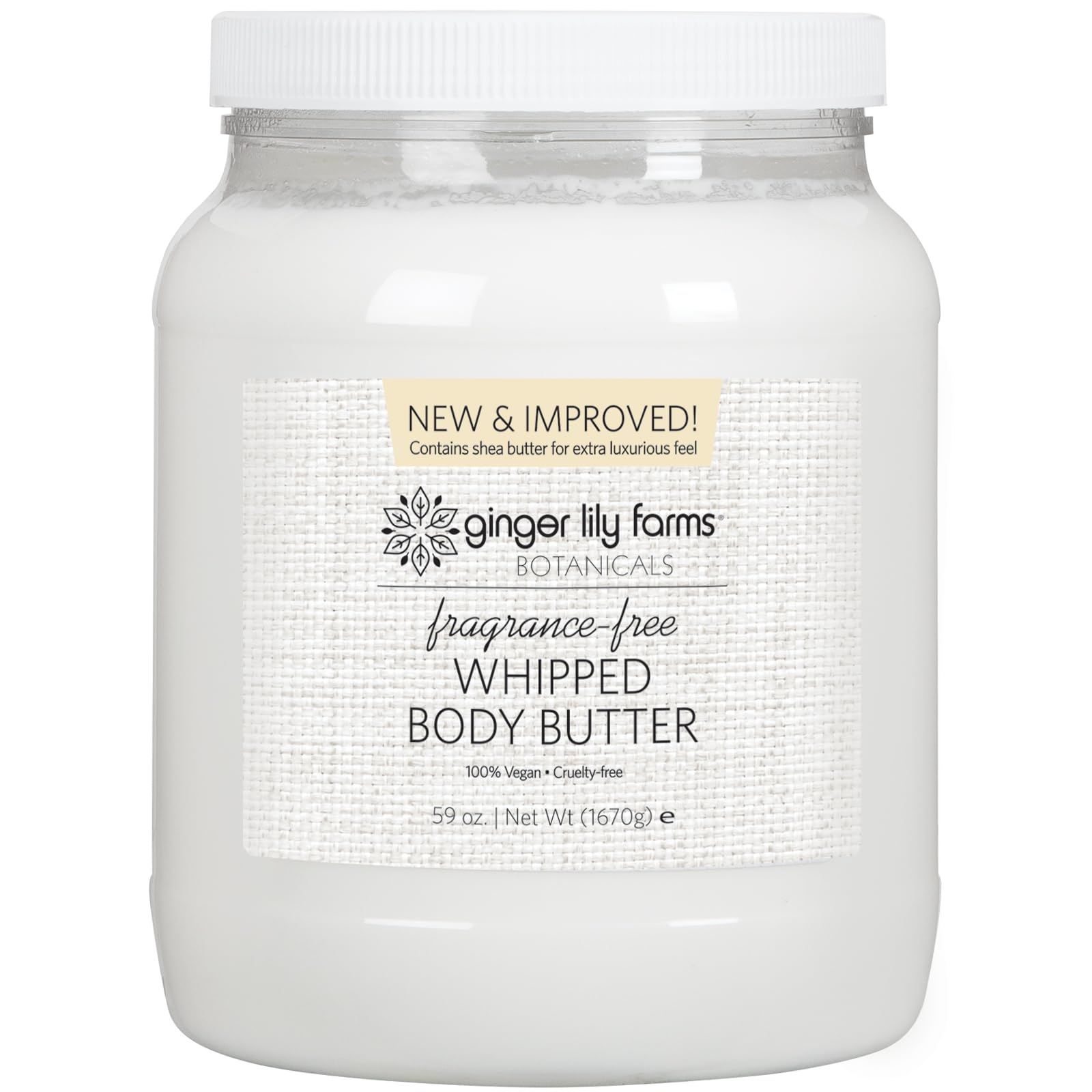 Ginger Lily Farms front jar showing 59oz tub and clean packaging benefit