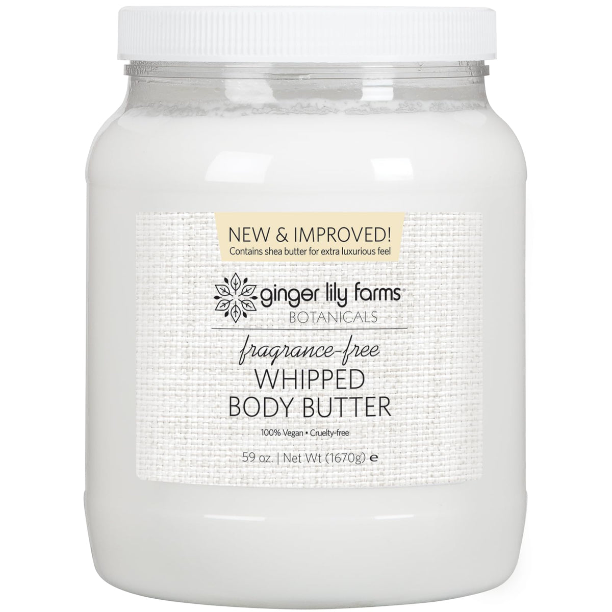 Ginger Lily Farms front jar showing 59oz tub and clean packaging benefit