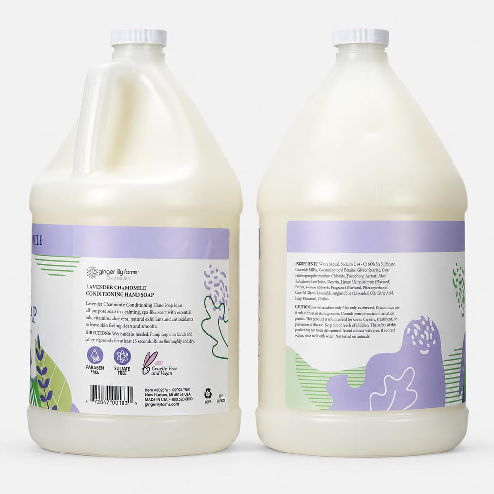 Ginger Lily Farms gallon jug displayed for scale, saves on refills