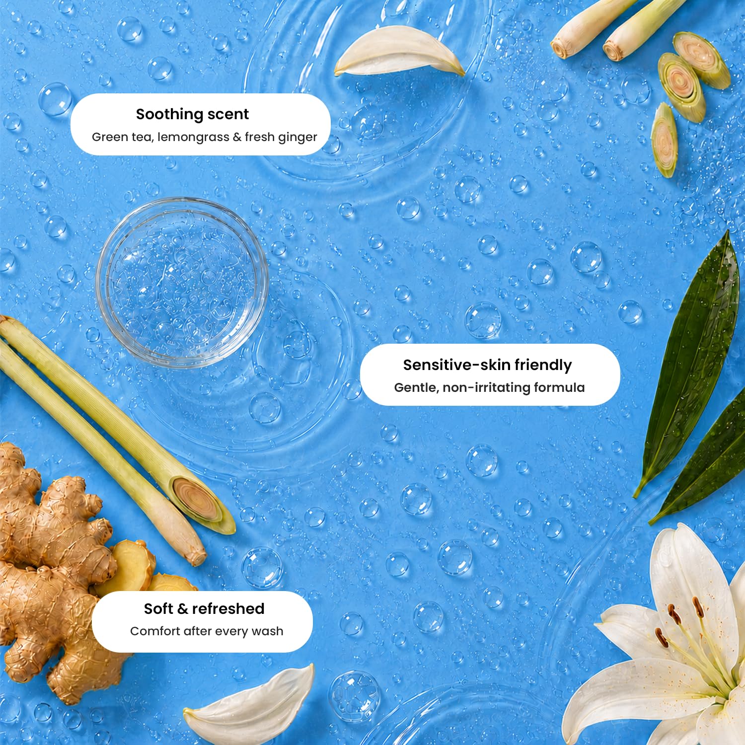 Ginger Lily Farms botanical ingredients display with aloe and flaxseed benefits