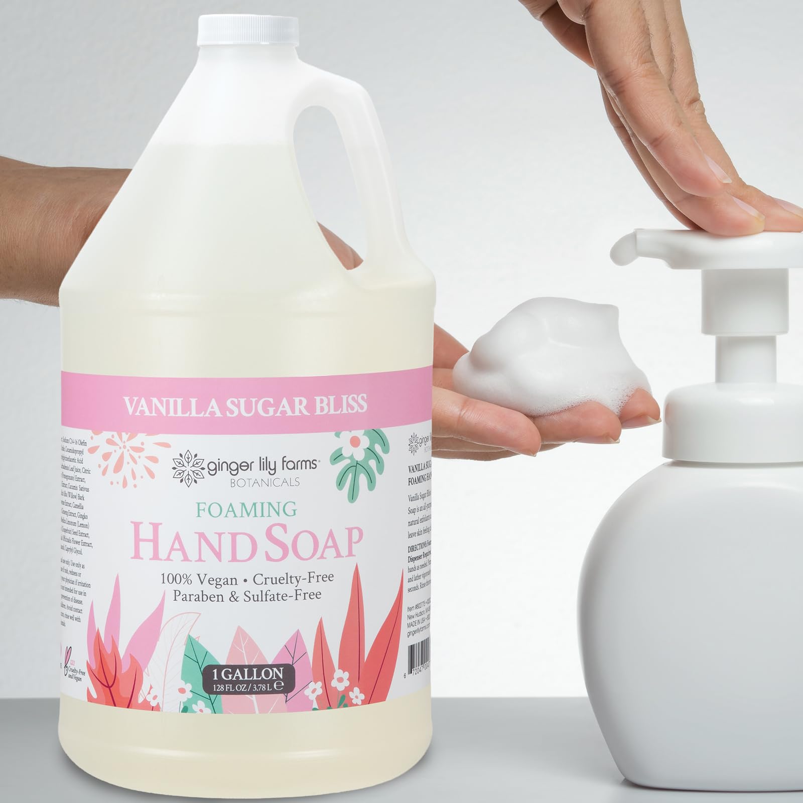 Ginger Lily Farms bottle on bathroom vanity evoking warm vanilla scent benefit
