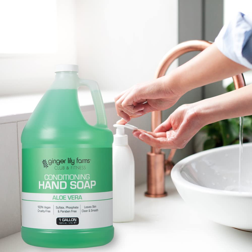 Ginger Lily Farms hand soap in gym sink setting, suggests practical use in busy facilities
