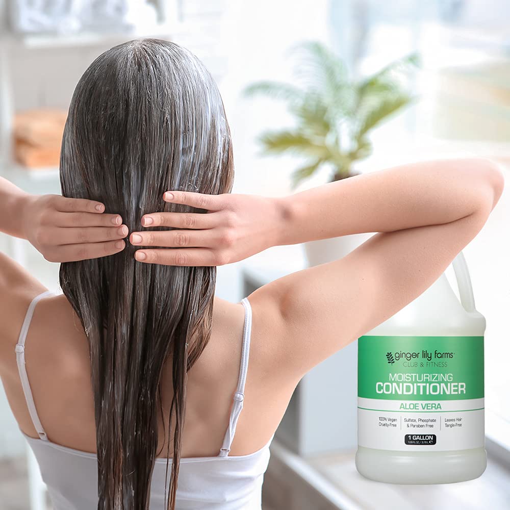 Ginger Lily Farms bottle in shower setting illustrating salon-quality results