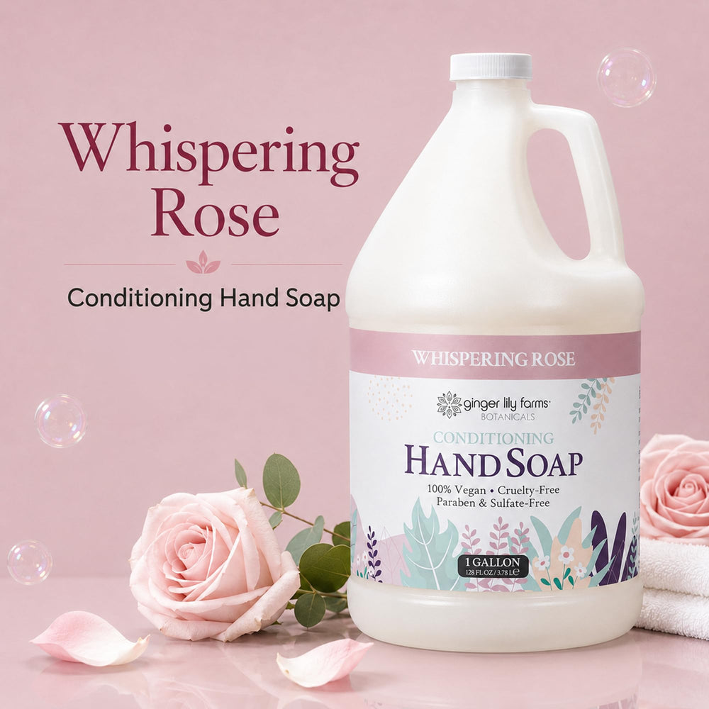 Ginger Lily Farms pouring soap into dispenser showing easy refill convenience