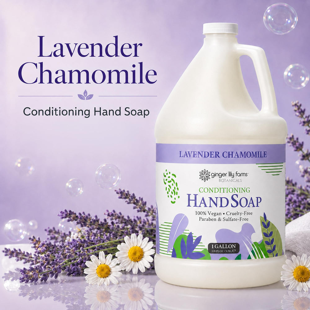 Ginger Lily Farms soap being pumped, produces rich lather quickly