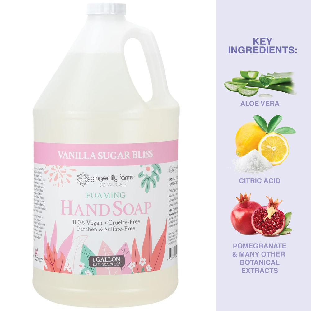 Ginger Lily Farms gallon beside a hand for scale showing large-volume convenience