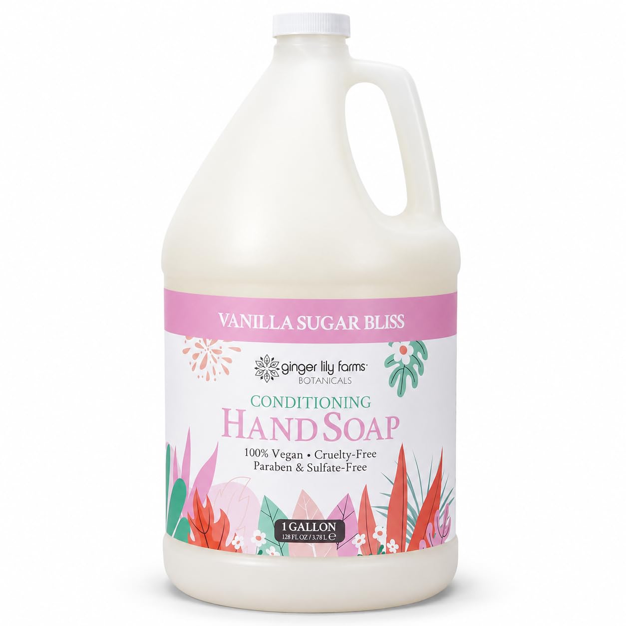 Ginger Lily Farms gallon bottle front view showing label and size, eco-friendly benefit