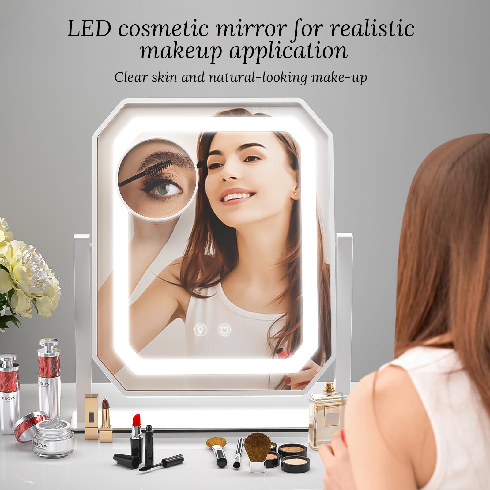 GioeDa in-use on vanity with makeup tools showing professional lighting benefits