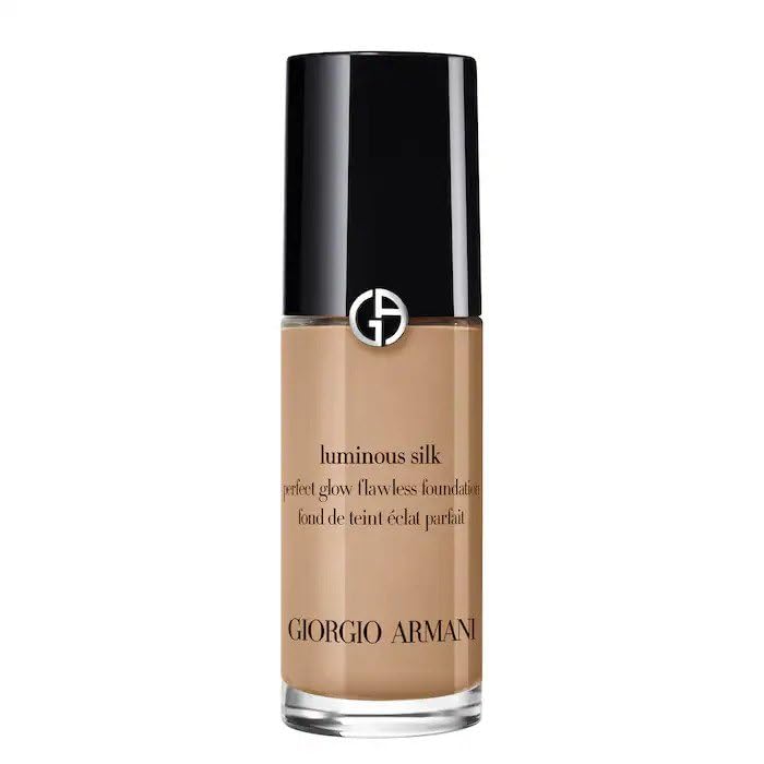 Giorgio Armani foundation front packaging showing compact travel bottle and radiant finish