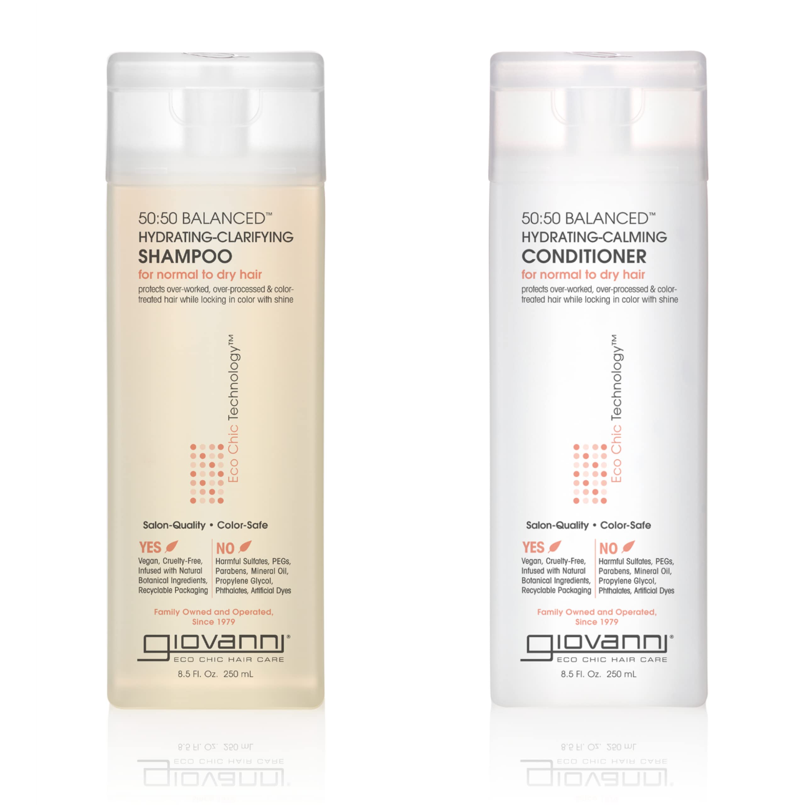 GIOVANNI front packaging showing the shampoo and conditioner duo and clear benefits